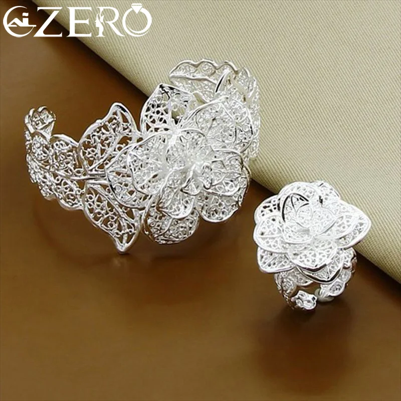 

ALIZERO 925 Sterling Silver Big Flower Bracelet Bangle Ring Set for Woman Wedding Engagement Party Fashion Charms Jewelry