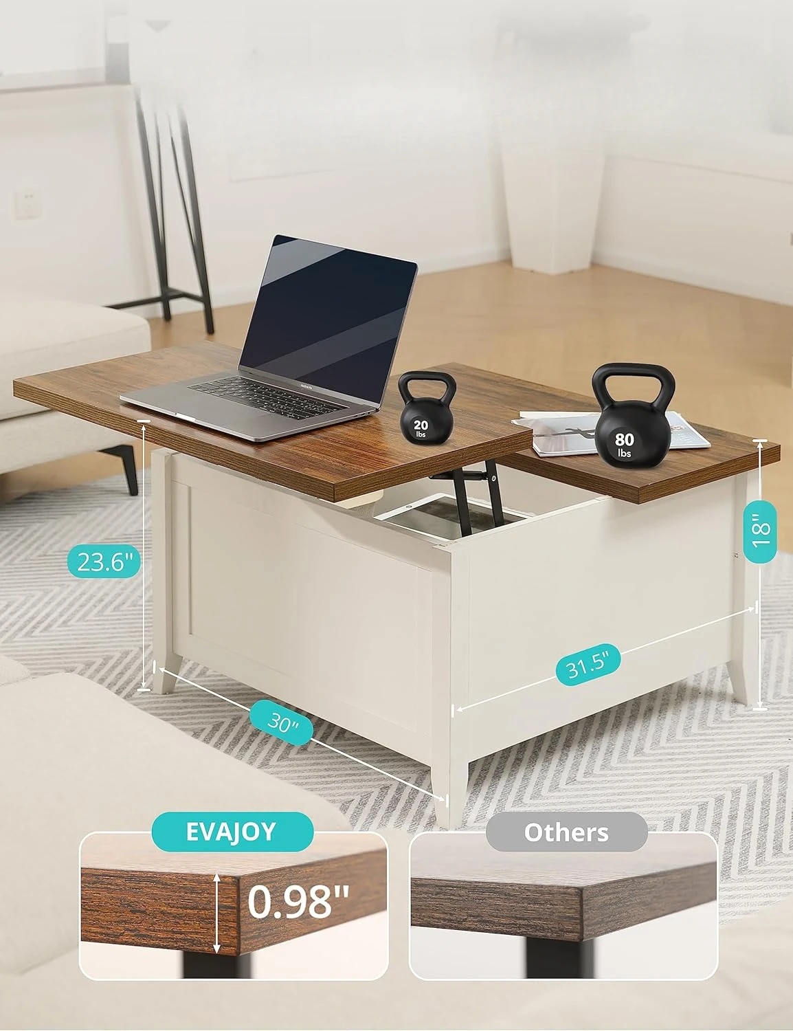 Dining Table with Storage Shelf, Retro Coffee Table, Farmhouse Storage with Lift Tabletop for Living Room, Office,White