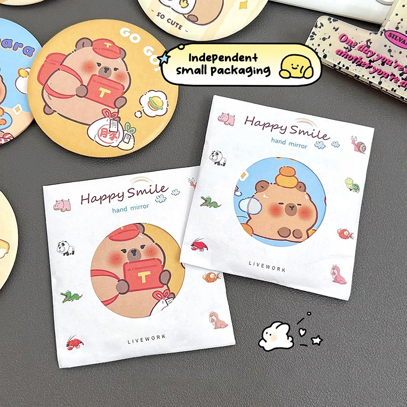 Portable Cute Round Small Mirror Cartoon Capybara Makeup Mirror Simple Pocket Compact Single-sided Makeup Mirror Small Gifts