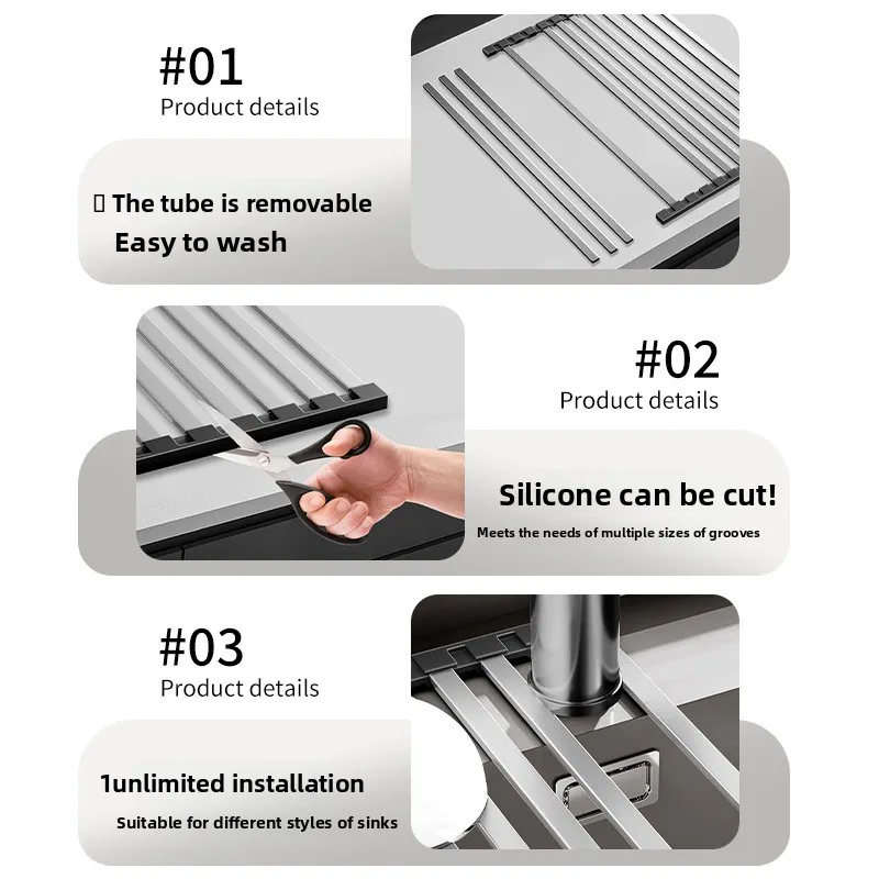 304 Stainless Steel Kitchen Sink Storage Drain, Roller Shutter Storage, Drain Integrated Foldable and Removable Bowl Rack