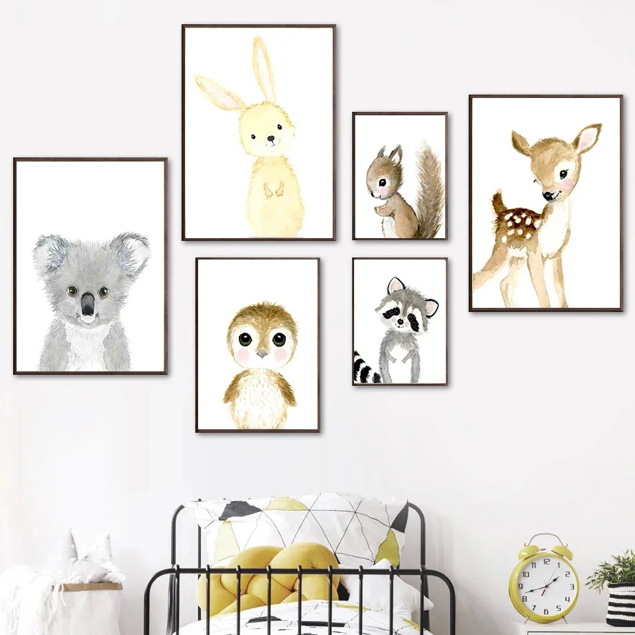 1PC--Nordic Animal Wall Art Canvas Kids Room Decor Modern Abstract Koala Rabbit Owl Squirrel Fox Deer Raccoon Poster Prints
