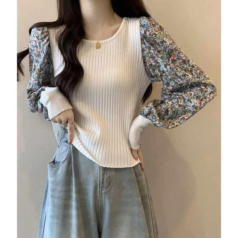 Fashion O-Neck Korean Spliced Floral Puff Sleeve T-Shirt Female Clothing 2024 Spring New Loose Casual Tops All-match Tee Shirt