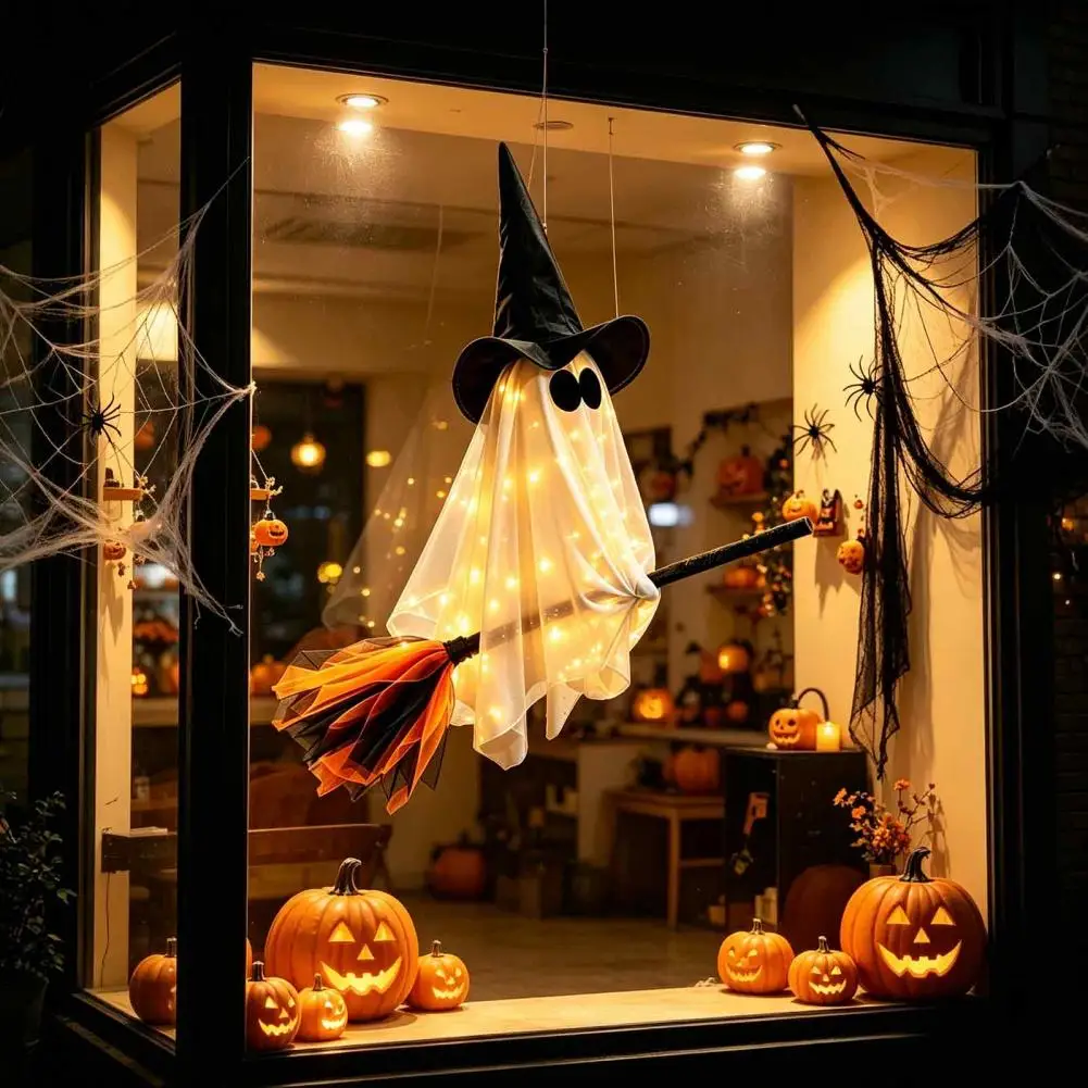 Witch Broomstick Ornament Illuminated Ghost Tree Ornaments Halloween Flying Ghost Decoration with Witch Broom Hanging for Lawn