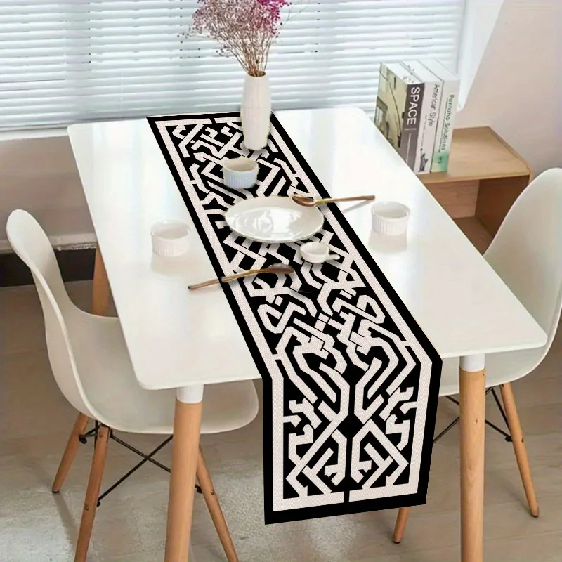 VIKAMA Tischläufer mit islamischem geometrischem Muster, schwarz-weißes Retro-Design für muslimische Heimdekoration, Ramadan-Party, Esstisch