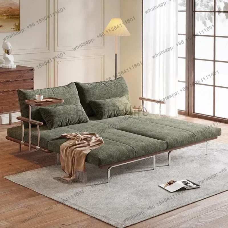 YJ Armchair Home Chenier Cream Style Solid Wood Sofa Bed Folding Dual Purpose Retractable Fabric Multifunctional Living Room Sof