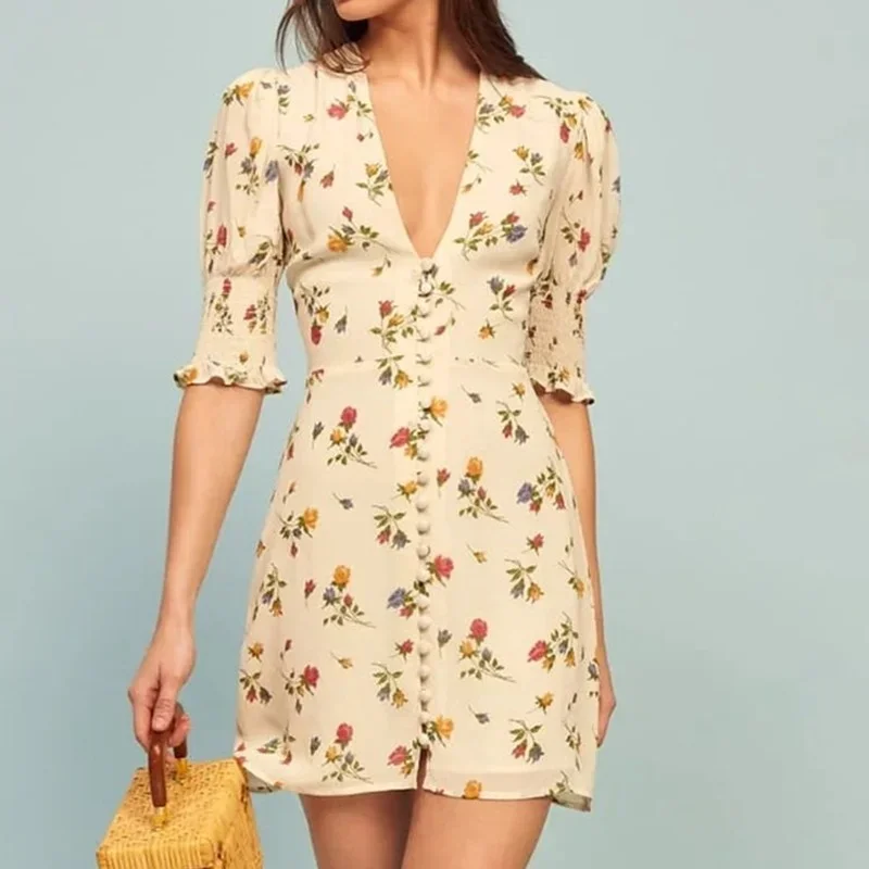 

Women Summer Retro New Low V Neck Single Breasted Puff Sleeve Printed Chiffon Dress Sexy Bodycon Dress