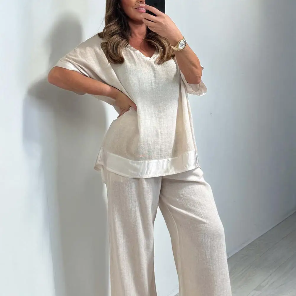 

Women Suit Plus Size V Neck Two Piece Outfit with Wide Leg Pants for Women Loose Lounge Set for Spring Summer Short Sleeve Top