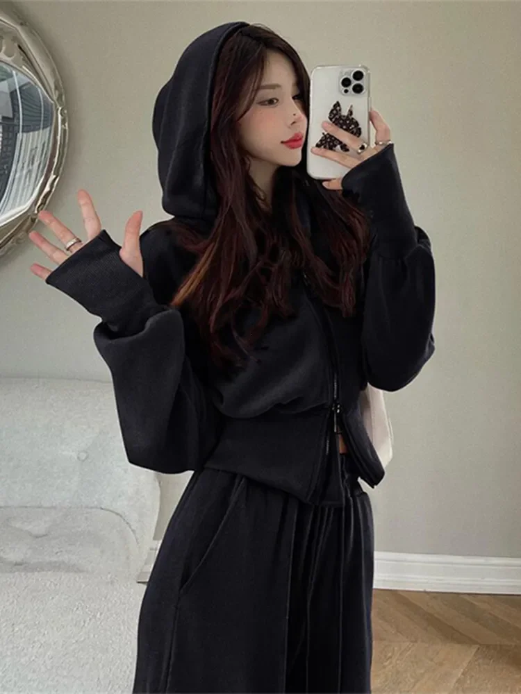 New Women Two Piece Set Solid Color Hooded Zipper Short Cardigan and Sweatpants Korean Style Fashion Casual Female Tracksuit 2XL