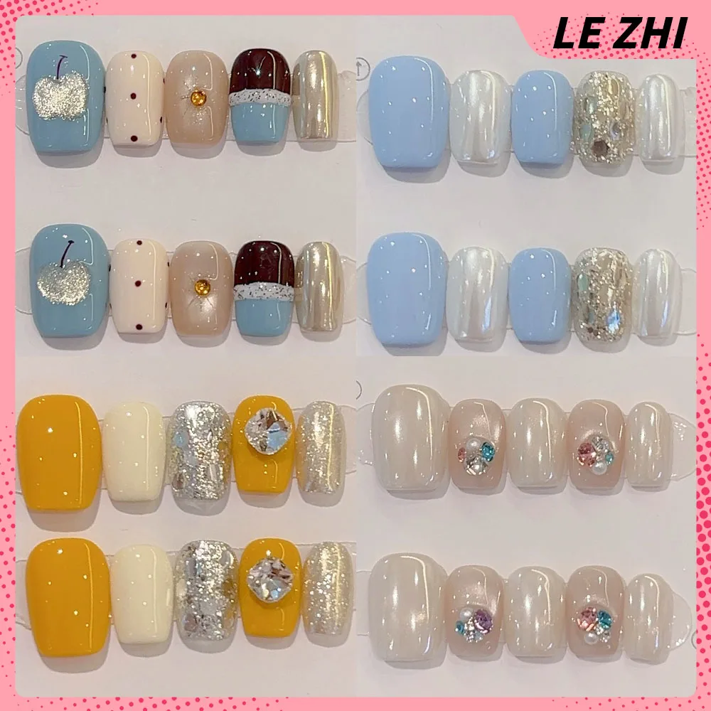 10Pcs Gentle Short Square Ellipse Press On Nail Hand Paint Apple French Nude Cat Eye Starlight Diamond Fake Nails Birthday Gift