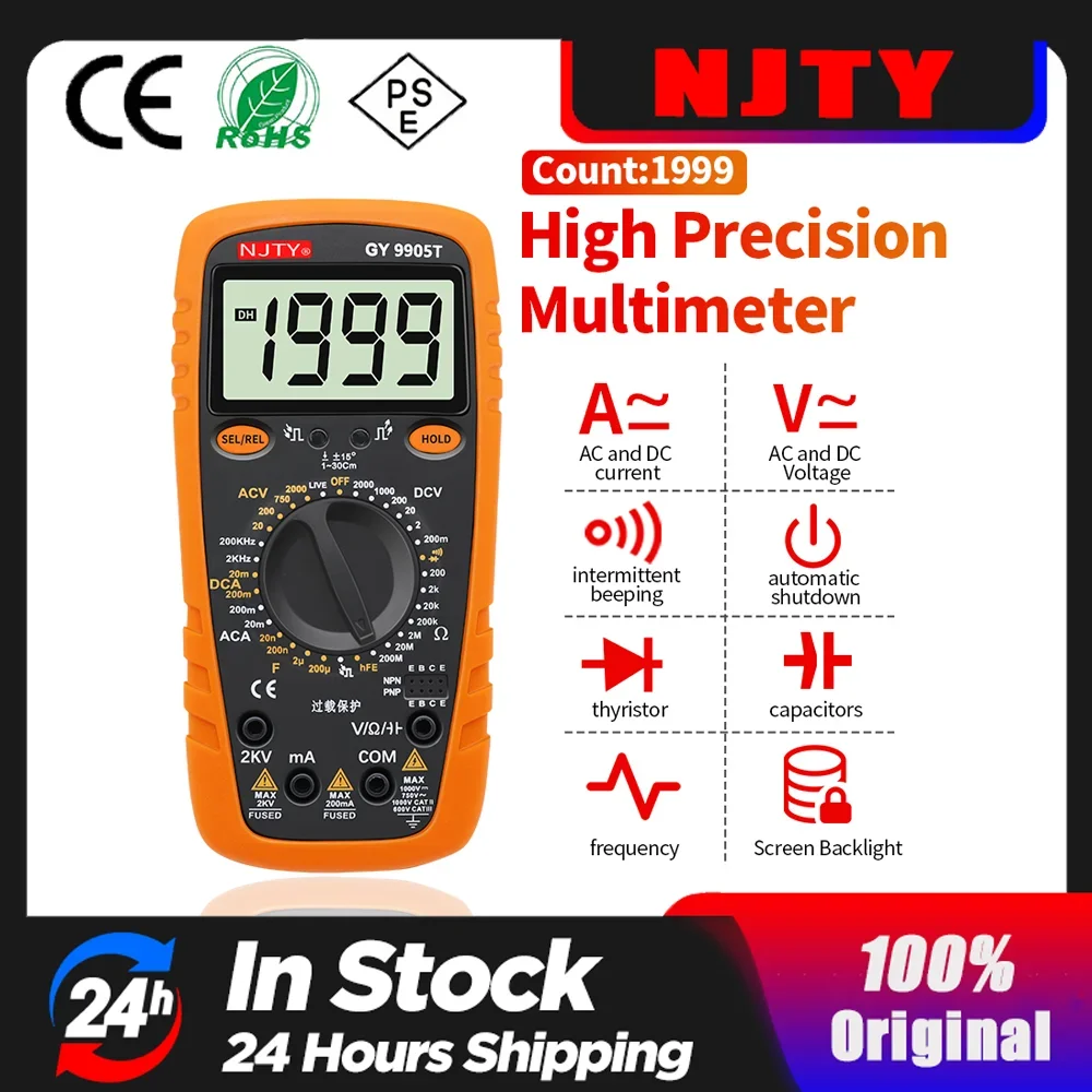 NJTY GY9905T digital multimeter measures up to 2000V for both AC and DC voltage, suitable for testing high voltages up to 2KV.