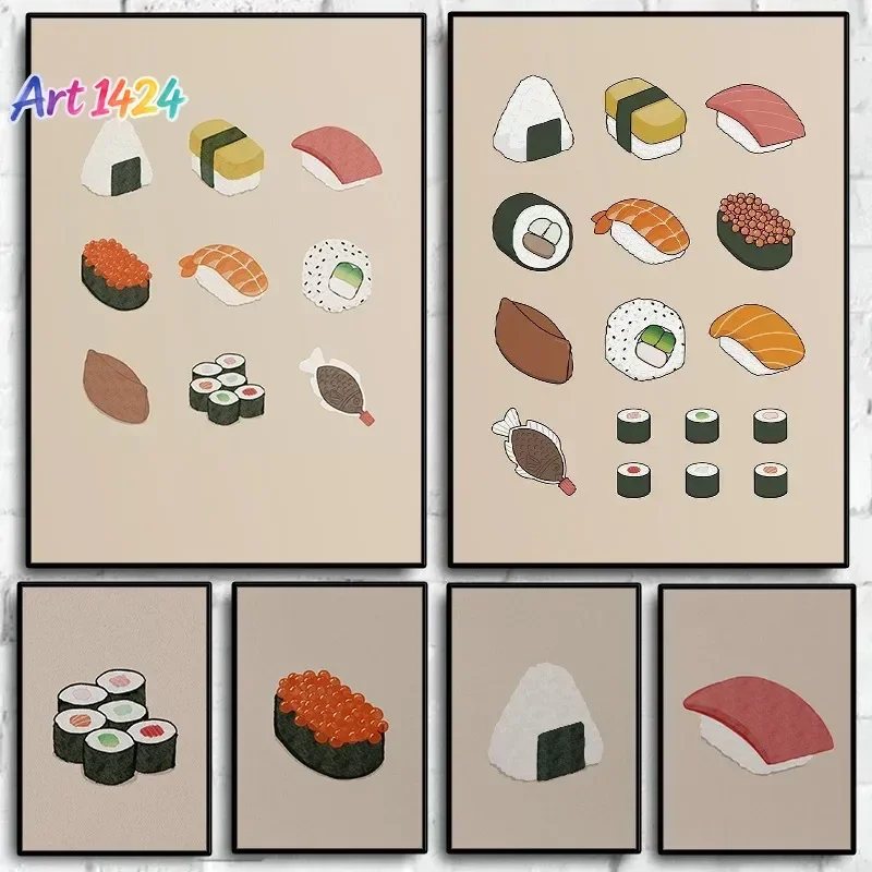 1pc frameless canvas Minimalist Japanese Sushi Guide Poster Boho Retro Food  Picture  Wall Art for Kitchen Room Home
