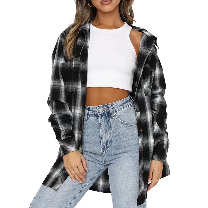 Women's Autumn Long Sleeved Lapel Loose Pocket Buttoned Flannel Shirt Retro Checkered Printed Casual Cardigan Jacket Coat