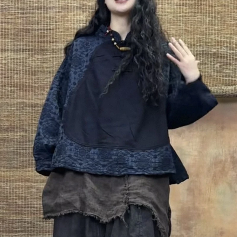 وصول جديد لربيع وخريف 2026: بلوزات نسائية كاجوال فضفاضة بأكمام طويلة وياقة دائرية، مطبوعة بتصميم مرقع، جودة عالية من القطن والكتان، موديل S159