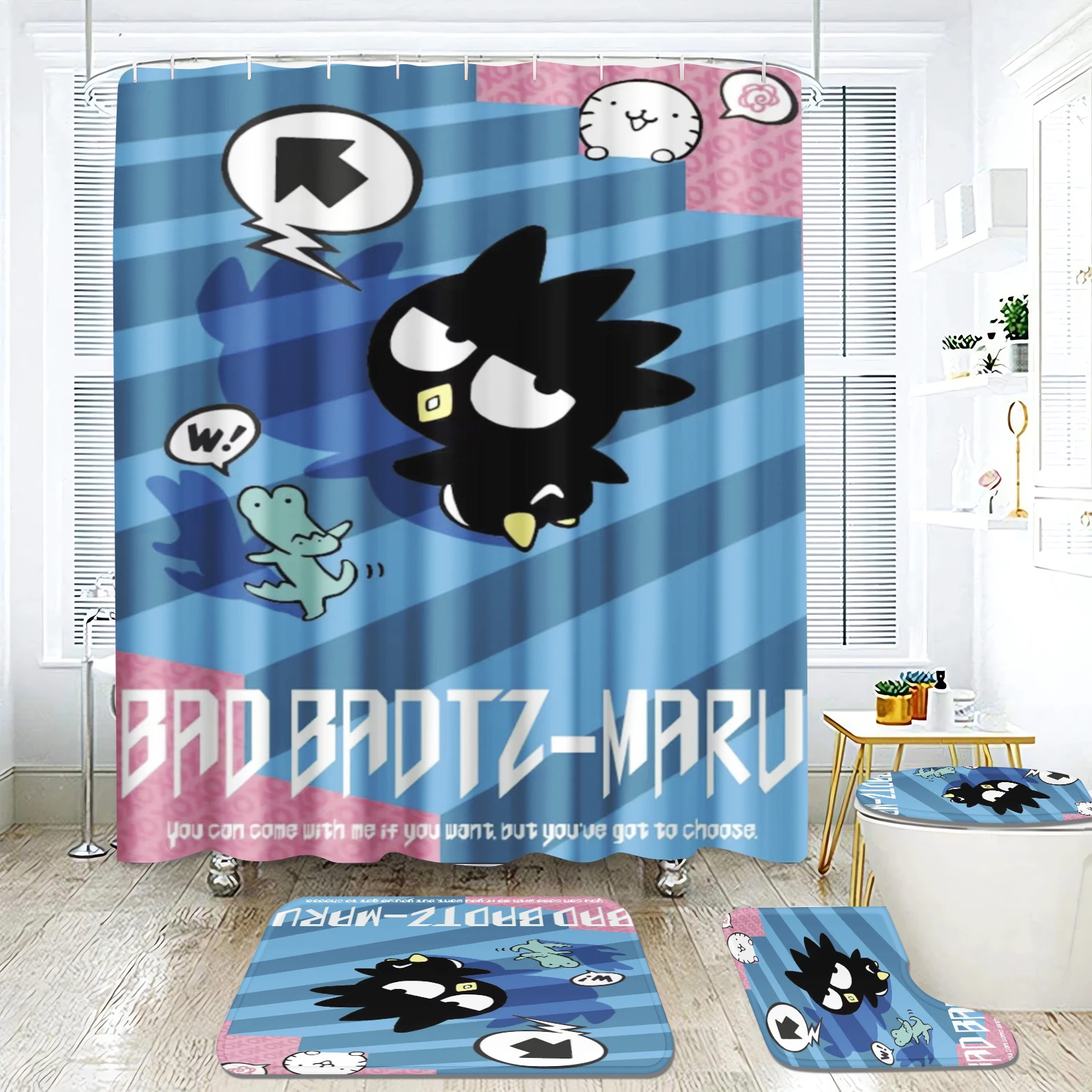 Imagem -03 - Cool Penguin Cartoon Shower Curtain Badtz-maru Sanrio Poliéster Cortinas de Banheiro Hook up Conjunto Decorações Pcs