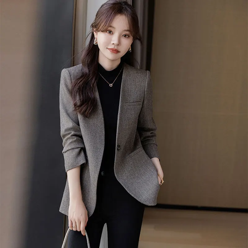 Gray Casual Collarless Wool Blazer Women, Suitable For Spring Autumn, Petite Size, Elegant And