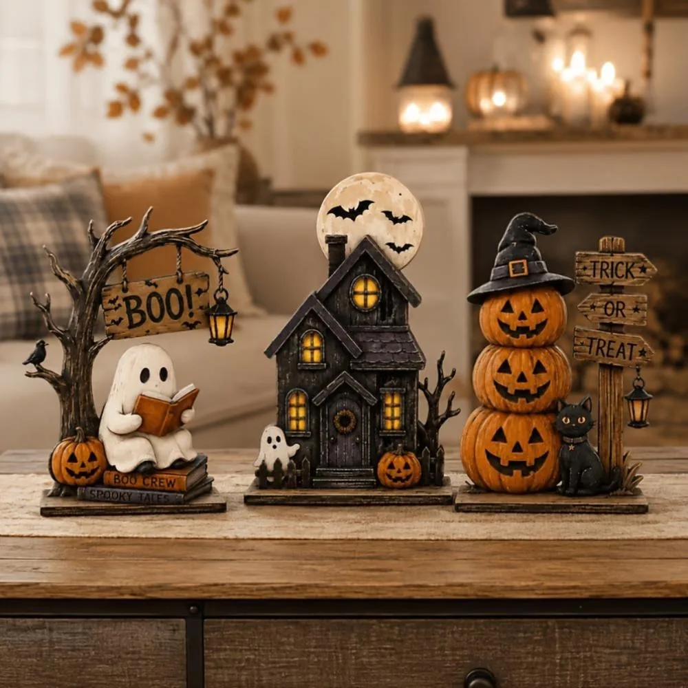 Vintage Halloween Wooden Ornament Ghosts House Figurines Stacked Pumpkin Spooky Tabletop Festive Seasonal Desktop Party Decor