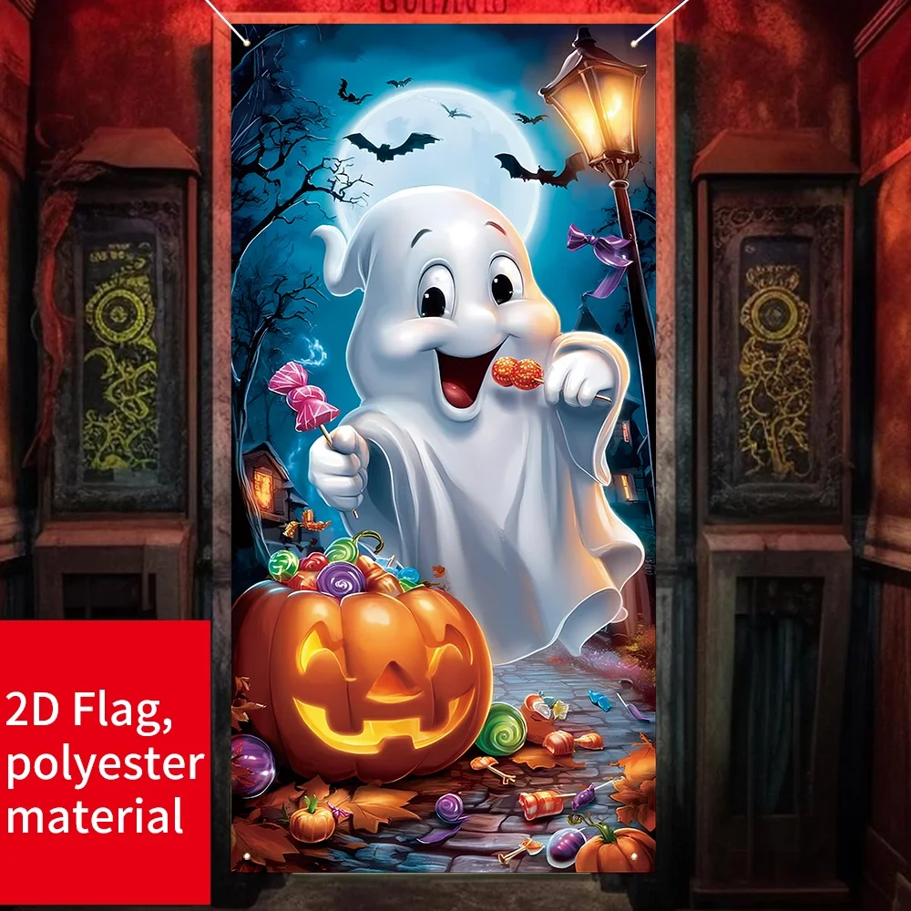 1pc 2D Flat Ghost Pumpkin Halloween Flag Banner Trick Or Treat Bat Candy Pattern Halloween Photo Background Door Decor Home Part