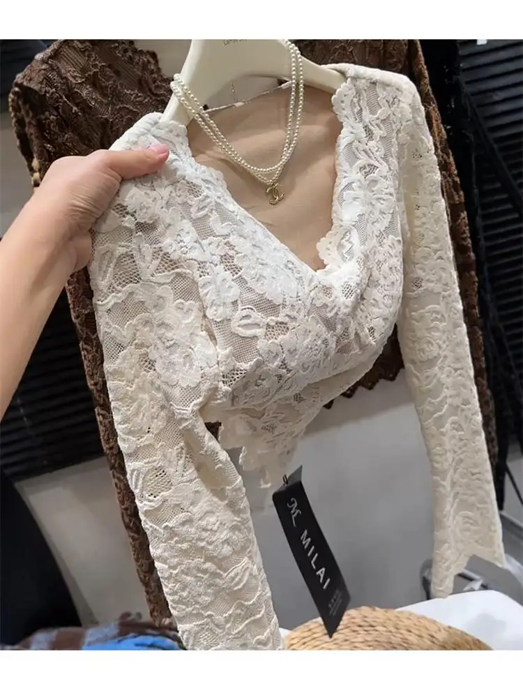 

White Long Sve V-Ne Lace Trim Pad Women's Sexy ort Fit Floral Top Korean Sle Commute Faion Breathable Casual