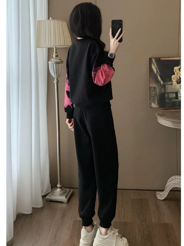 Chic 2-piece Set Women Workout Suit Print Sweatshirt Pullover Drawstring Pants Two-piece Autumn Winter Cotton Warm Casual Sports