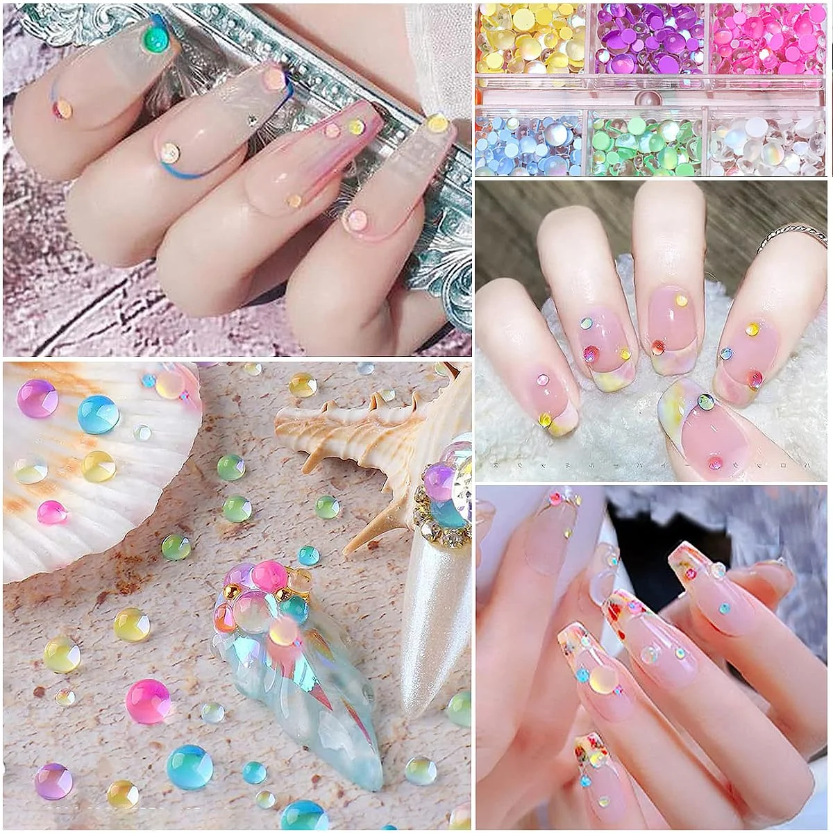 6 ตาราง Aurora Mermaid รอบลูกปัดตกแต่งเล็บ 3D คริสตัลอัญมณีที่มีสีสันเครื่องประดับเล็บ Charms Kawaii เครื่องประดับอุปกรณ์เสริม