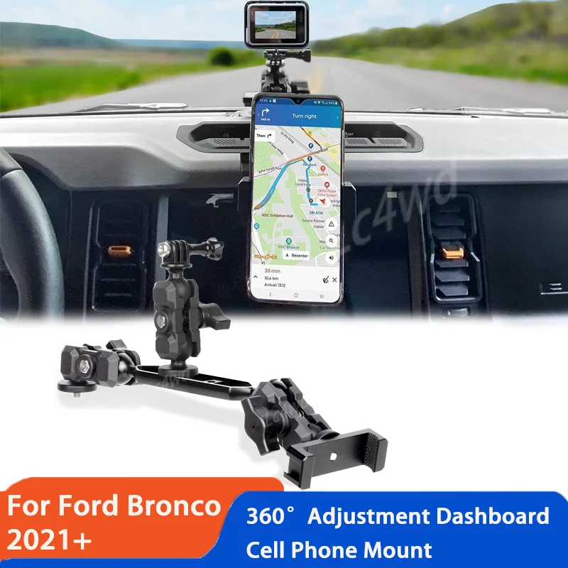 LC4WD 4x4 Accessories 360° Adjustable Dashboard Phone Holder Anti-Shake Stabilizer with GoPro Mount For Ford Bronco 2021-2025