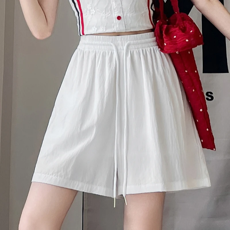 Knielange elastische Shorts mit hoher Taille und Innenfutter für Damen, koreanische Mode, weites Bein, Sport-Shorts, Sportbekleidung