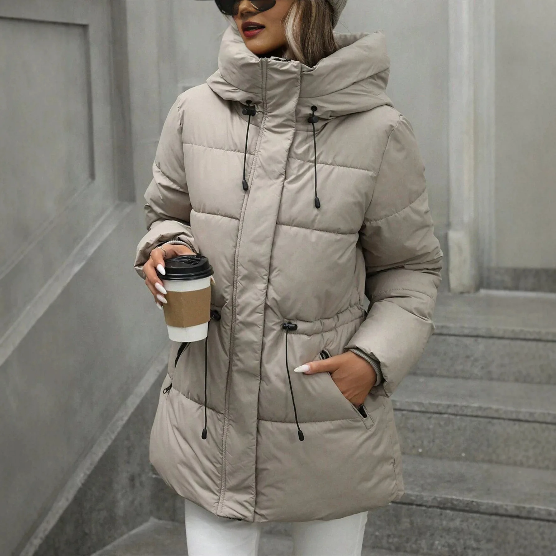 Women's Elegant Spring Autumn Mid-Length Women Jacket Hooded Design Female Outwear Windproof Warm Cotton Clothes Coat