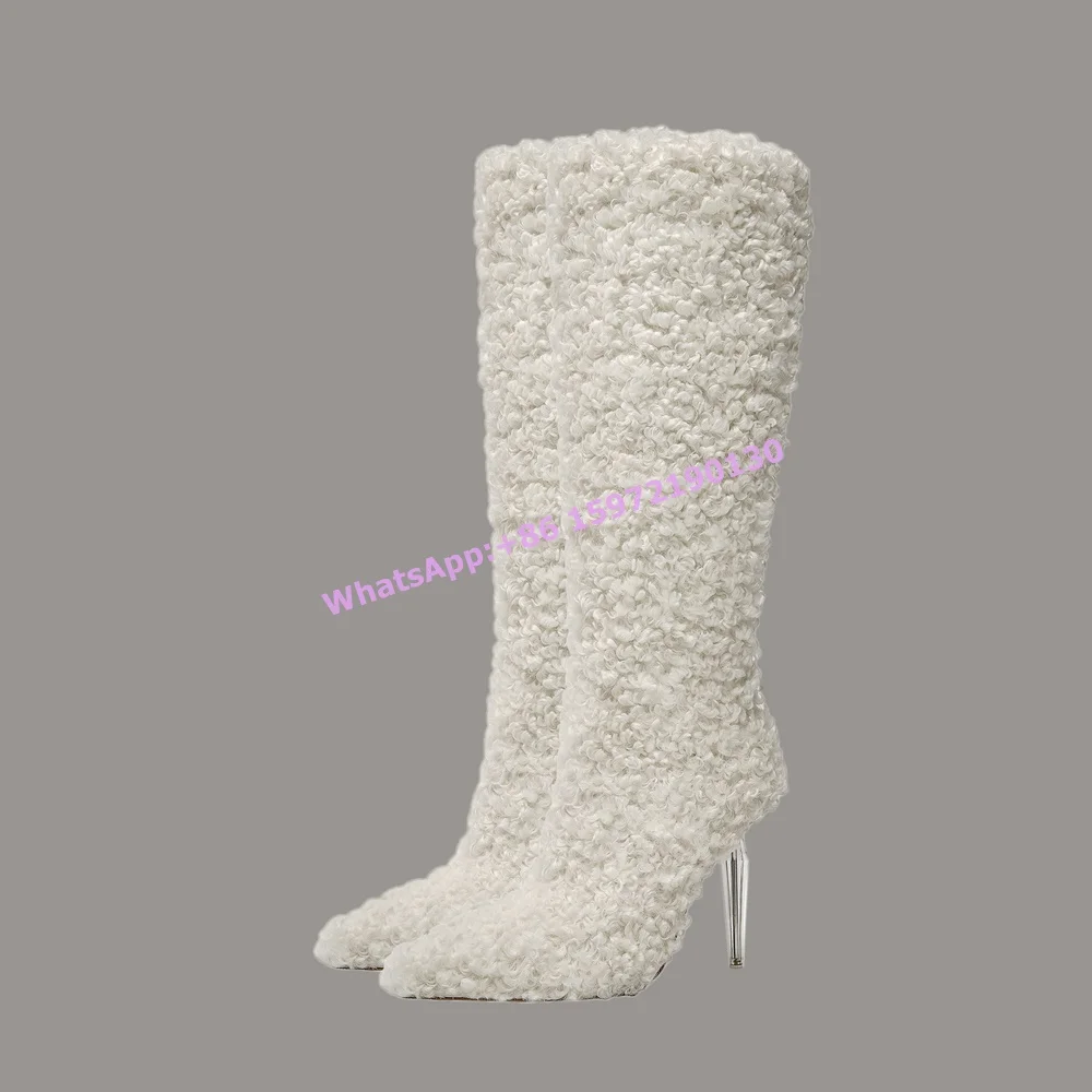 

Furry Crystal Heels Boots Pointy Toe White Slip On Modern Knee High Boots Hotties Winter Warm Fashion Solid Lovely Shoes 2025