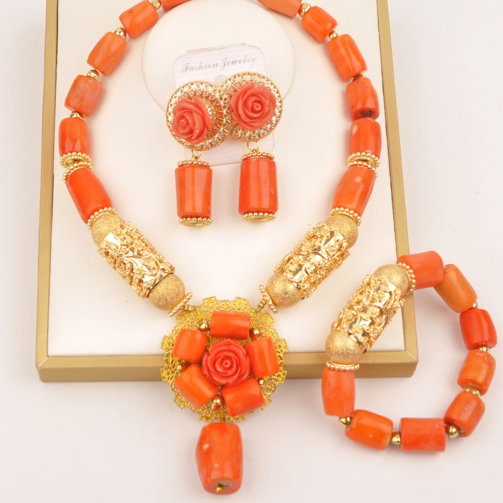 Natural coral Bead jewelry set African Gift Bride Nigerian orange necklace