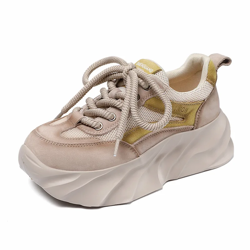 

5,5 см женские разноцветные весенние повседневные кроссовки из натуральной кожи на шнуровке с воздушной сеткой на толстой подошве на танкетке, обувь на платформе в студенческом стиле