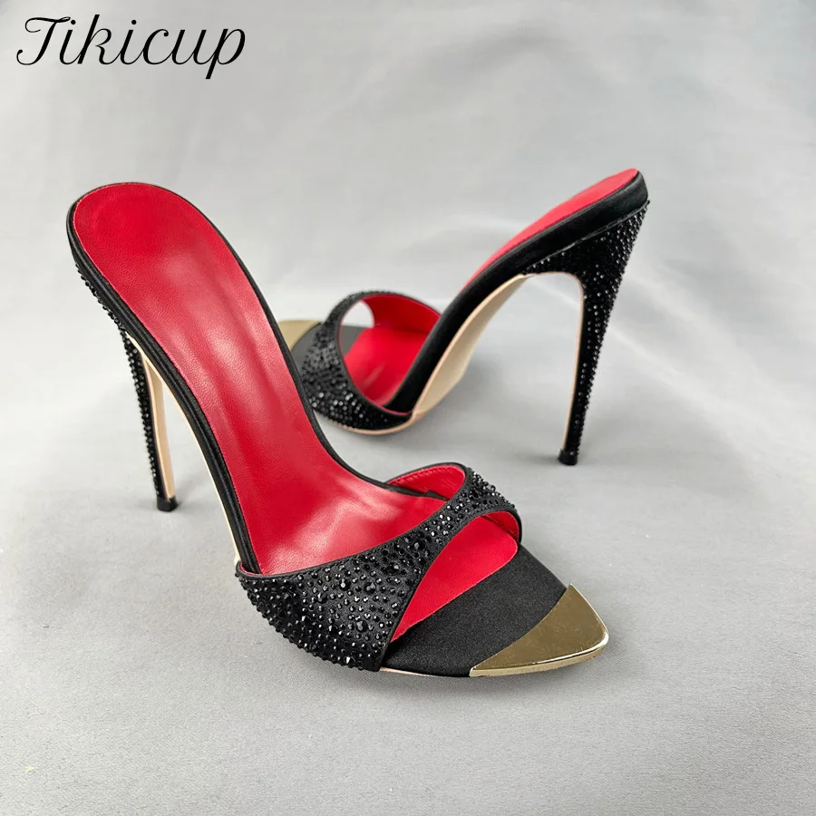 Tikicup Sexy Crystal Black Shiny Women 12cm Pointed Toe Thin High Heels Slippers Summer Sandals Stilettos ladies Party Shoes