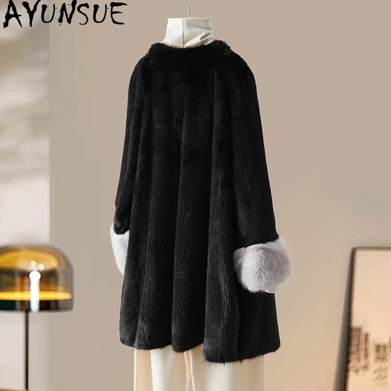 AYUNSUE Cappotto di Pelliccia di Visone Naturale Vestiti Delle Donne Cappotti di Pelliccia Reale Donna 2025 Tutta La Giacca Invernale di Visone Шуба Ж Dönishi Polsino di Pelliccia di Volpe