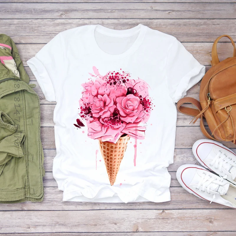 

Premium Women Summer Short Sleeve Ice Cream Floral Flower Lady T-Shirts Top T Shirt Ladies Womens Graphic Female Tee T-Shirt