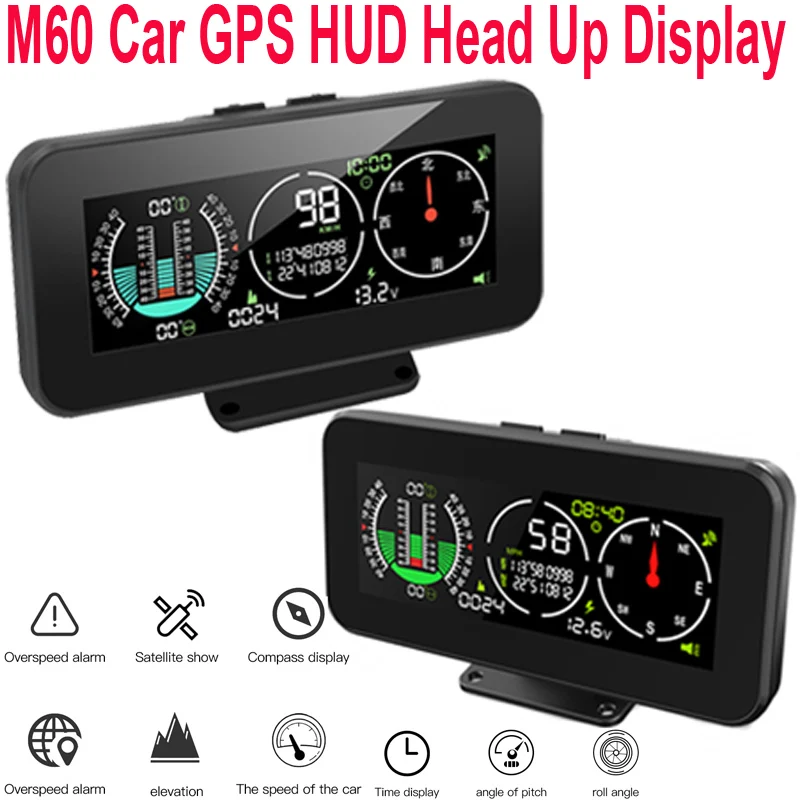 

2022 NEW M60 Car GPS HUD Speedometer Intelligent Inclinometer Off-road Speed sound Display Tilt Pitch Angle Compass For All Cars