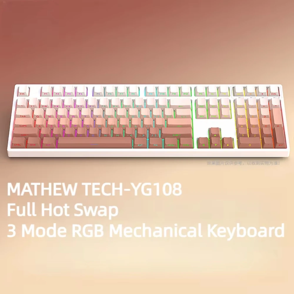 Mathew Tech YG108 Three Mode Mechanical Keyboard 108 Keys Full Size Hot Swap RGB Side Print Shine ThroughGaming Keyboard