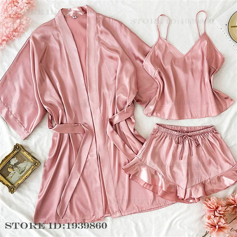 

Female 3PCS Pajamas Set Kimono Bathrobe Gown Spring Summer New Home Clothes Nightwear Sexy Loose Satin Sleepwear Loungewear