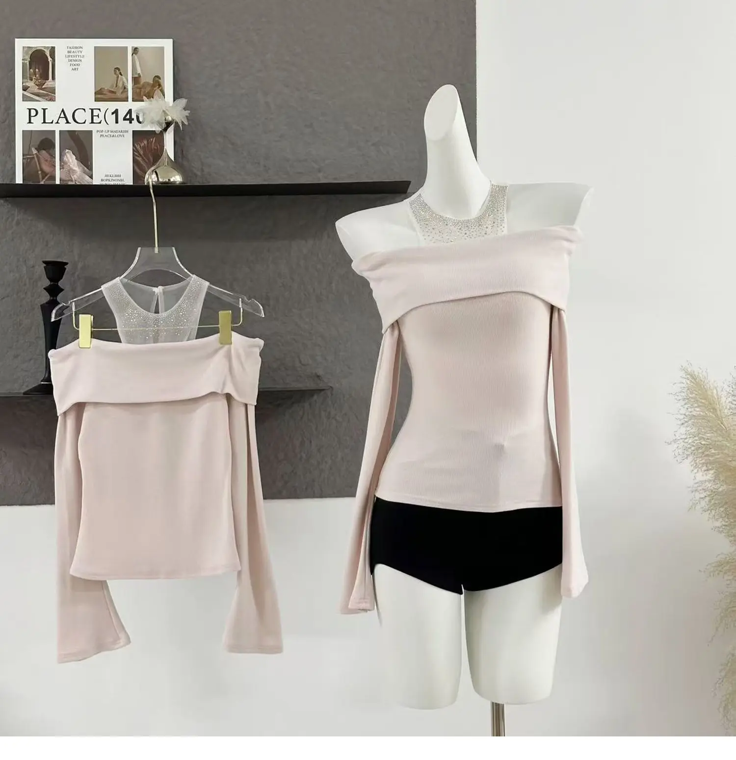 

Korean Mesh Splicing Fake Two-piece Pink Long-sleeved T-shirt Women 2025 Spring New Streetwear Strapless Sexy Slim Knitted Tops