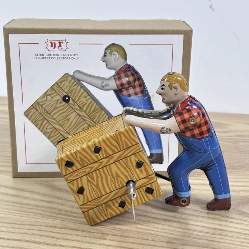 [Funny] Adult Collection Retro Wind up toy Metal Tin wharf Worker is working Move box Clockwork toy figures model vintage toy