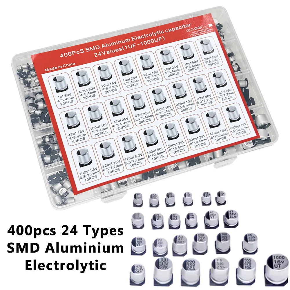 400pcs SMD Aluminum Electrolytic Capacitors Kit 1uF-1000uF 6.3V-50V 24 Specifications with Storage Box for Repair