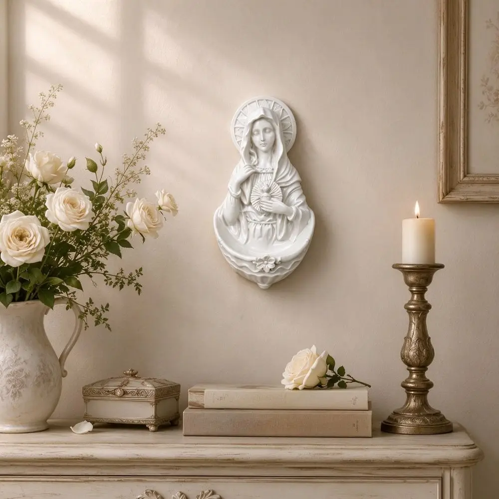 Decorative Mother Virgin Mary Figurine Storage Rack Wall-mounted Prayer Rosary Holder Religious Nordic Style
