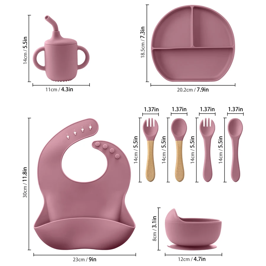 8Pcs Baby Food Feeding Set Sucker Bowl Dishes Plate Dinnerware For Children Dishes Baby Bib Cup Tableware Baby Stuff