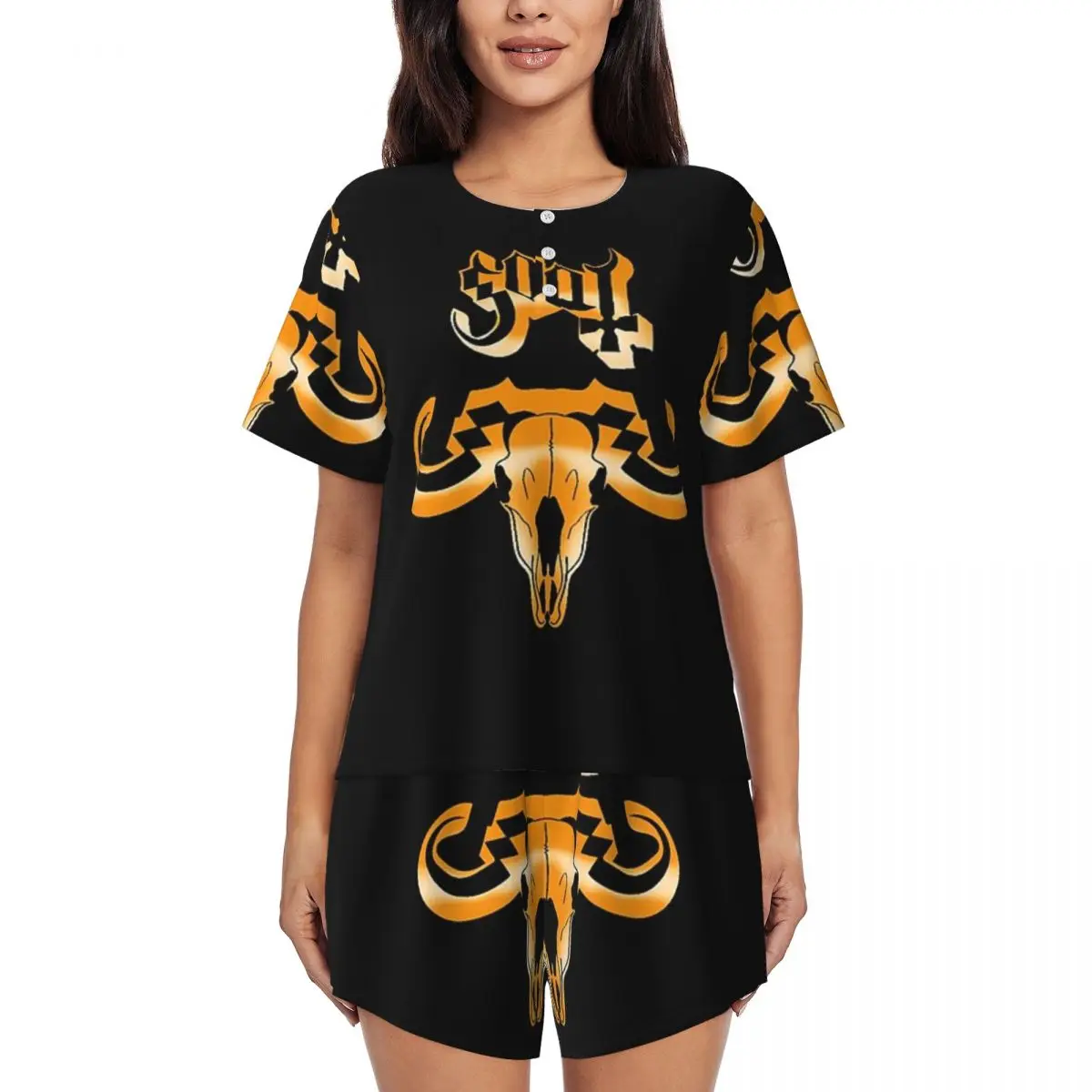 

Rock Band Ghost BC Round Neck Short Sleeves Nightdress for Sleeping Sleepshirts Women Soft Pajama Set Short Pants
