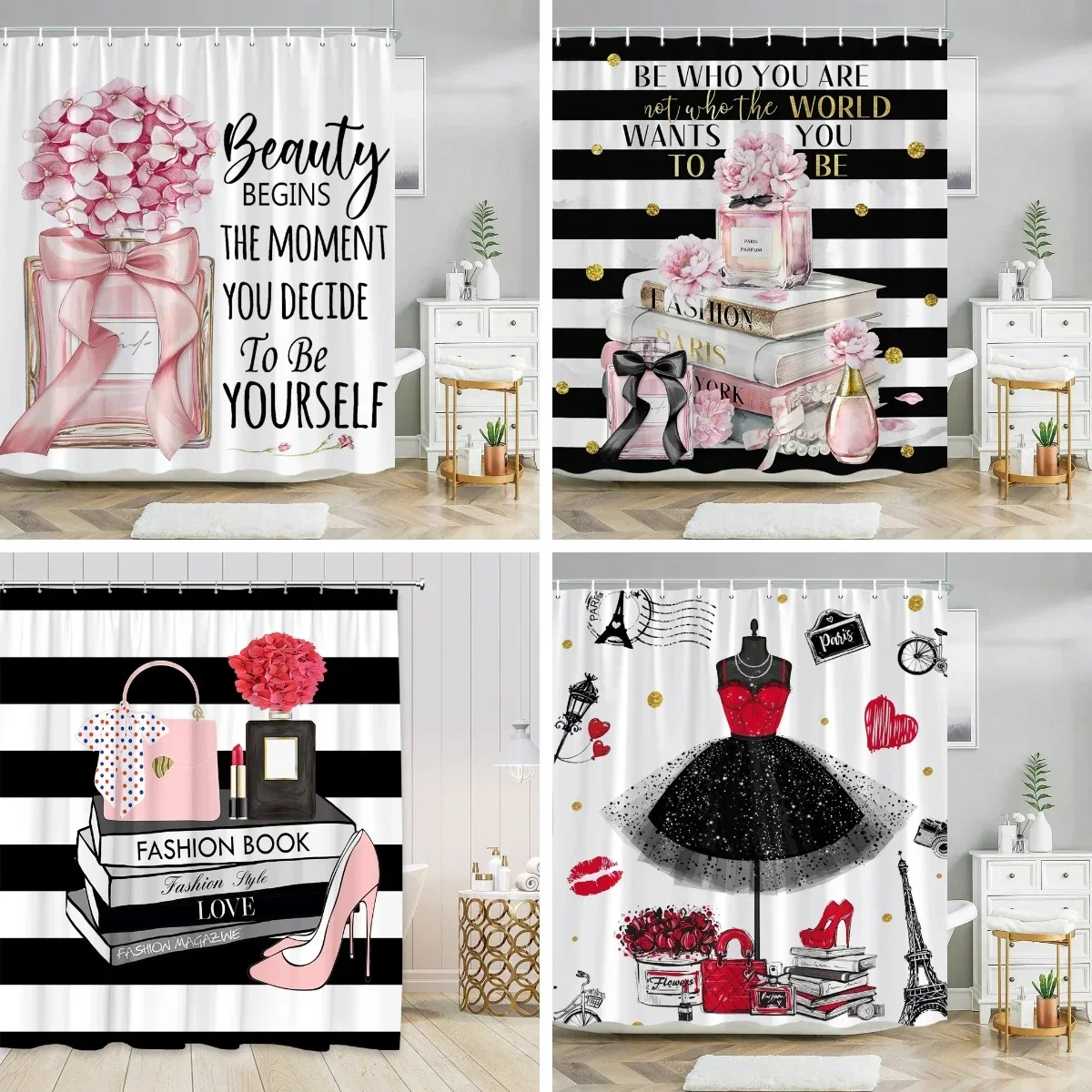 Conjunto de cortina de ducha de tacón alto con Perfume rosa, rayas blancas y negras, decoración de baño para chica y mujer, ganchos para cortinas de bañera de poliéster
