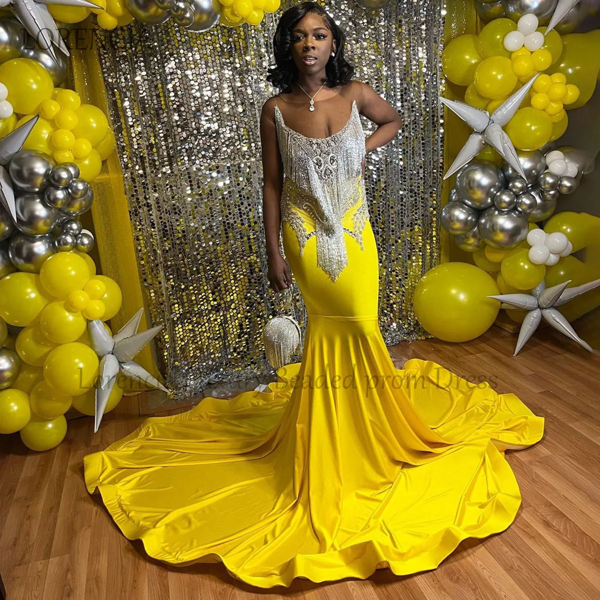 Glitter Yellow Prom Dress Black Girl Tassel Sequin Applique Crystal Mermaid Evening Party Gowns Paillette robe chic soirée