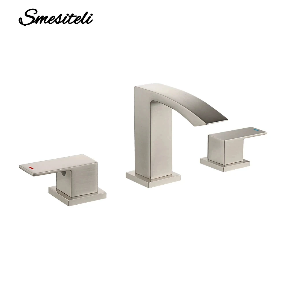 

Brushed Nickel Basin Faucet Square Mounted Widespread Mixer Hot & Cold Sink Tap Dual Handles 3 Holes Deck Mounted Brass Crane