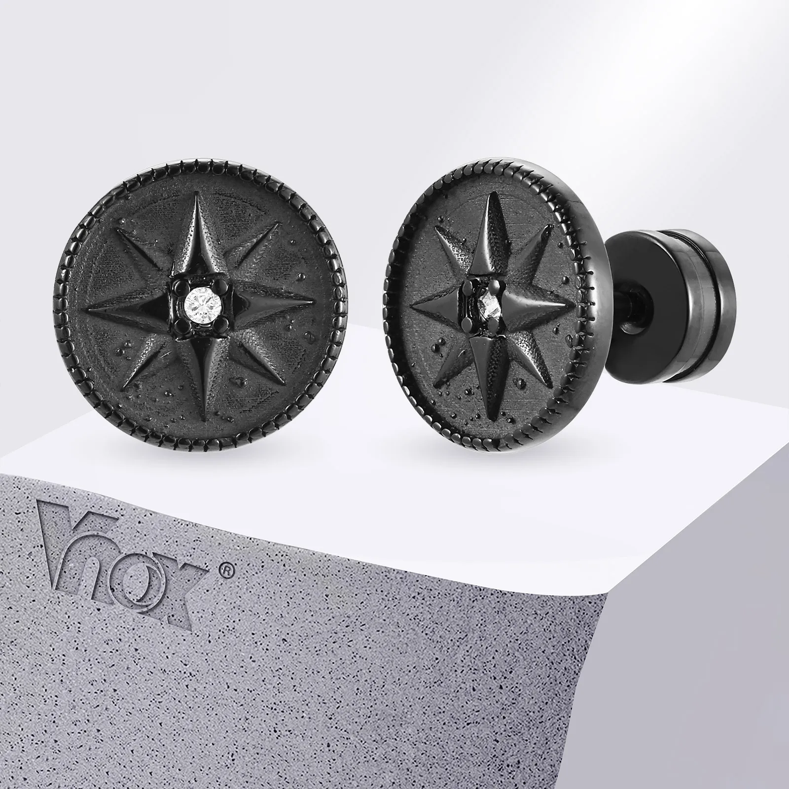 

Vnox Anti Allergy Stainless Steel Round Stud Earrings, Eight Pointed Star Ear Jewelry, Screw Back Compass Men Boys Brincos