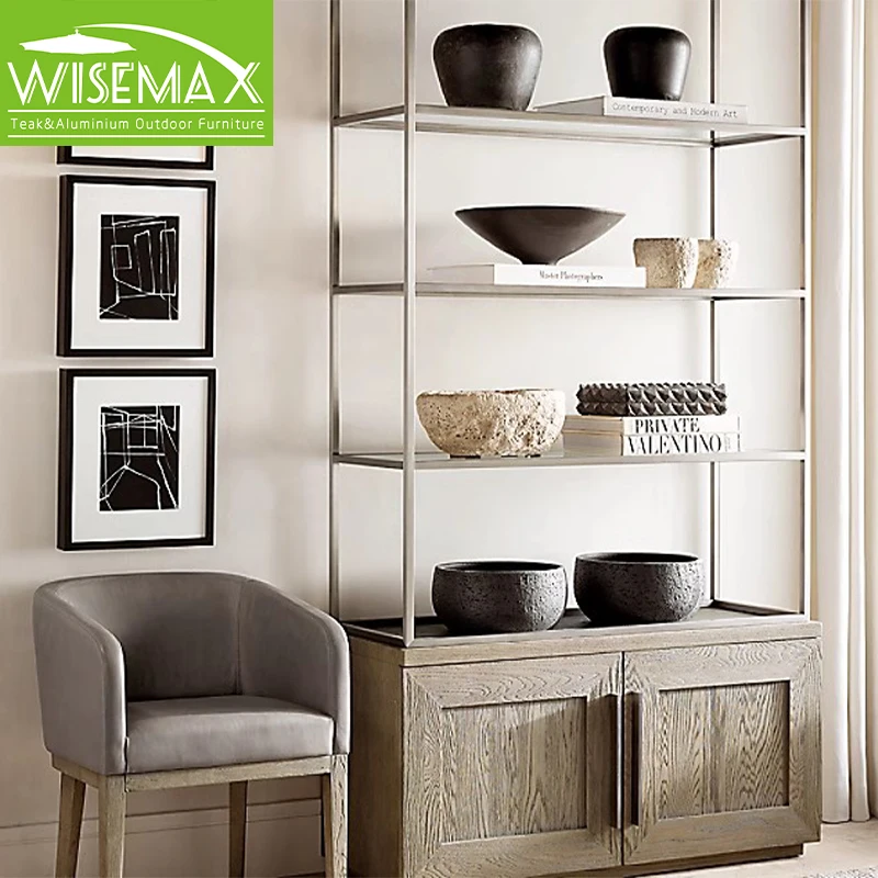 custom.WISEMAX FURNITURE American Rustic Display Shelf Simple Design Stainless Steel Frame Oak Solid Wood Bookshelf Storage Cabi