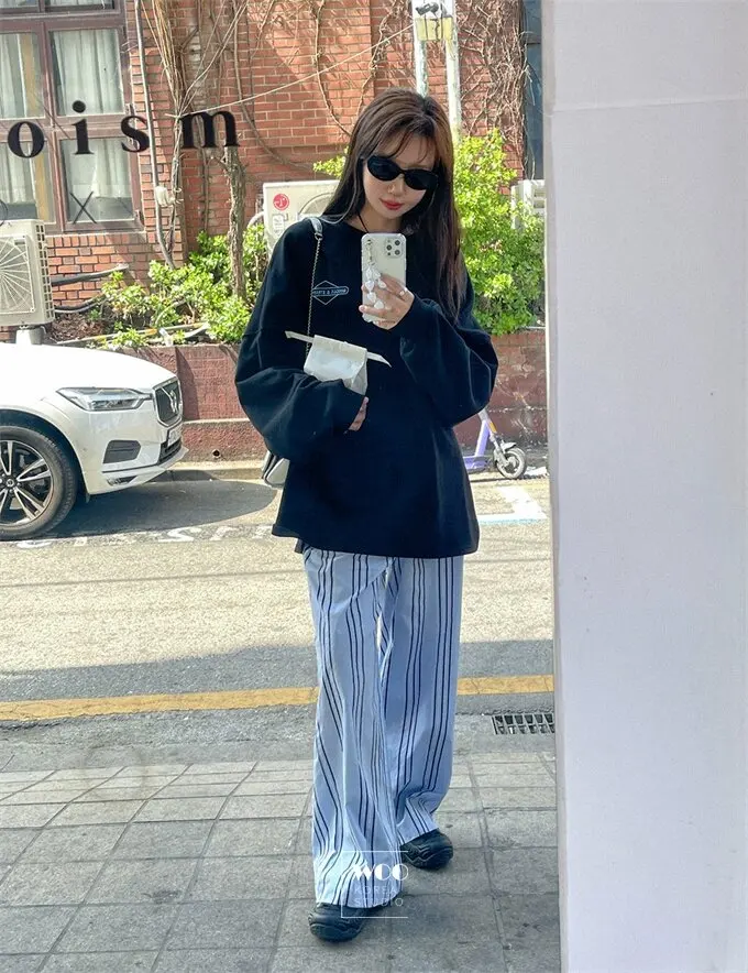 Pantaloni a gamba larga a righe verticali blu Casual a vita alta Coreano Sle Pendolarismo Vento Estate Effetto sottile Ba Elastici Simple De...