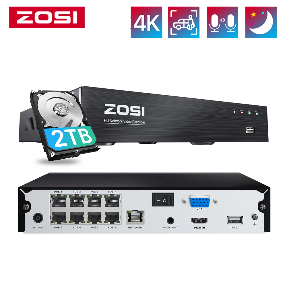 ZOSI 4K HD PoE NVR  System 8CH H.265+ Video Surveillance Network Recorder only for ZOSI 5MP 8MP PoE Cameras Humanoid Detection