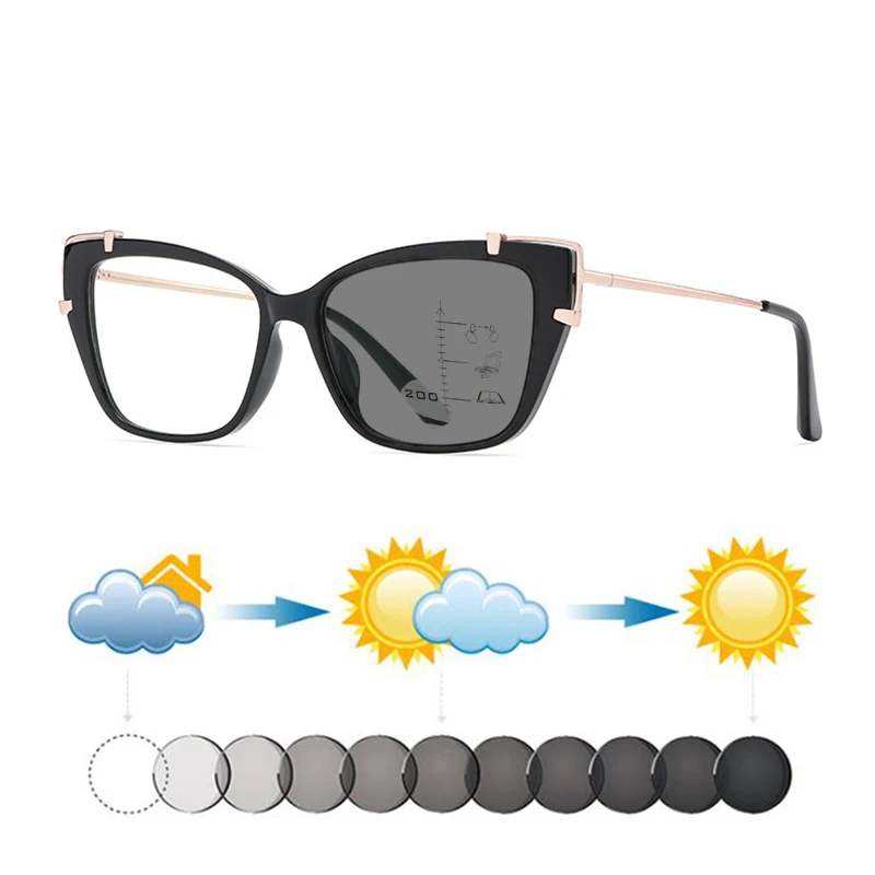 New Fashion Women TR+Metal Cat Eye Photochromic Progressive Reading Sunglasses Look Near Far Multifocals Hyperopia Sunnies UV400